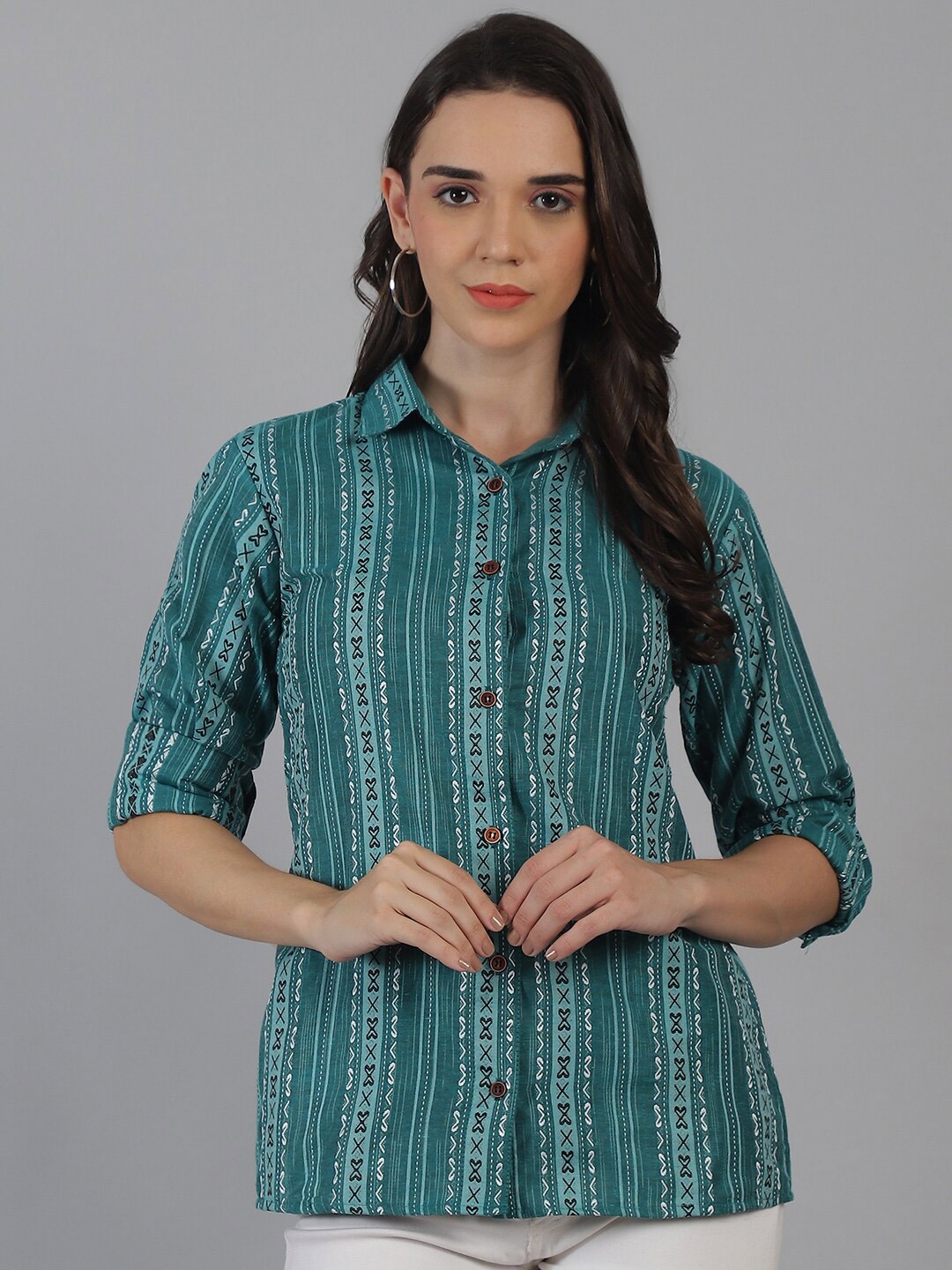 

Sayesha Spread Collar Long Sleeves Geometric Printed Regular Fit Cotton Shirt, Teal