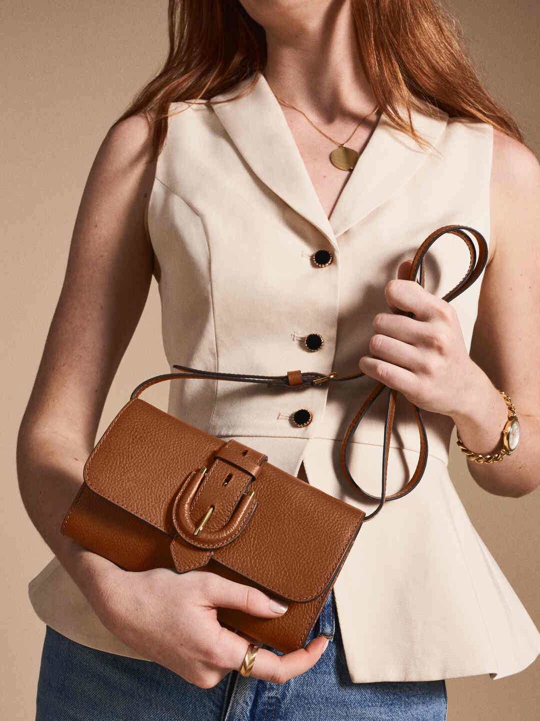 

Fossil Textured Zip Detail Leather Structured Sling Bag, Brown