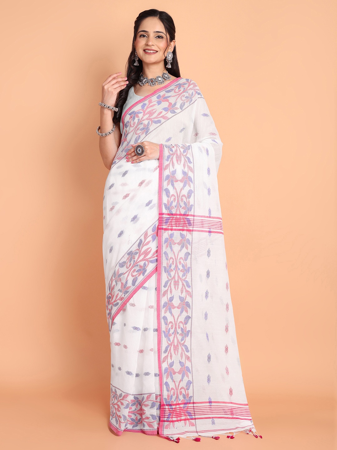 

TANTLOOM Woven Design Zari Silk Cotton Partywear Saree, White