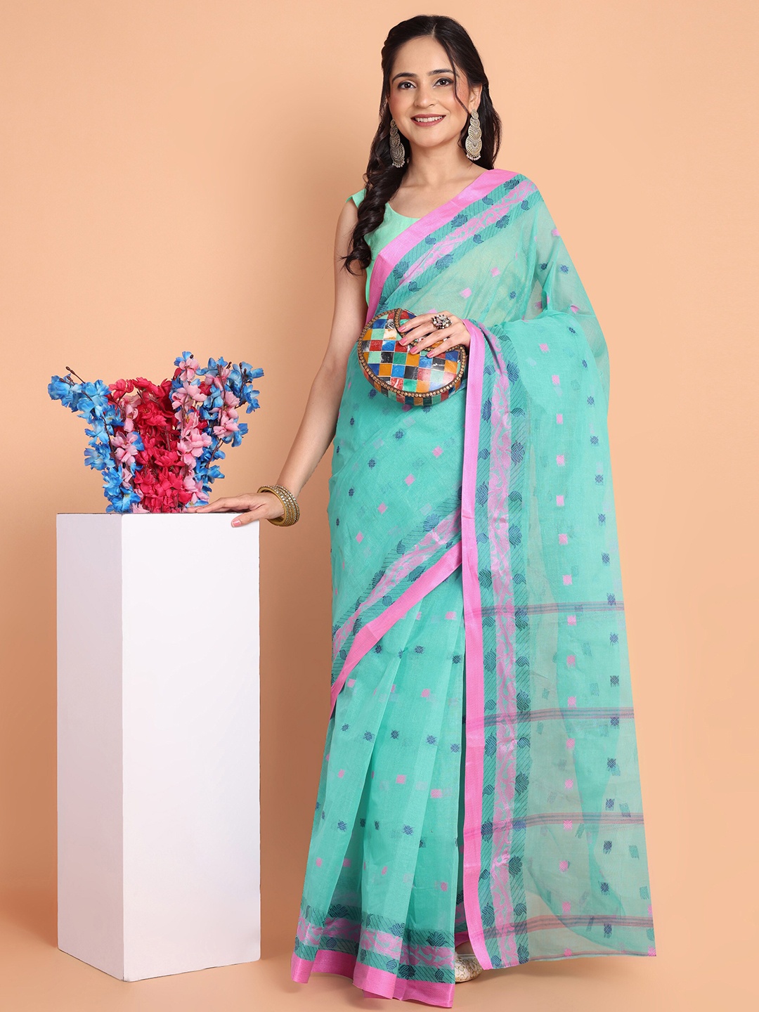 

TANTLOOM Woven Design Pure Cotton Taant Saree, Sea green