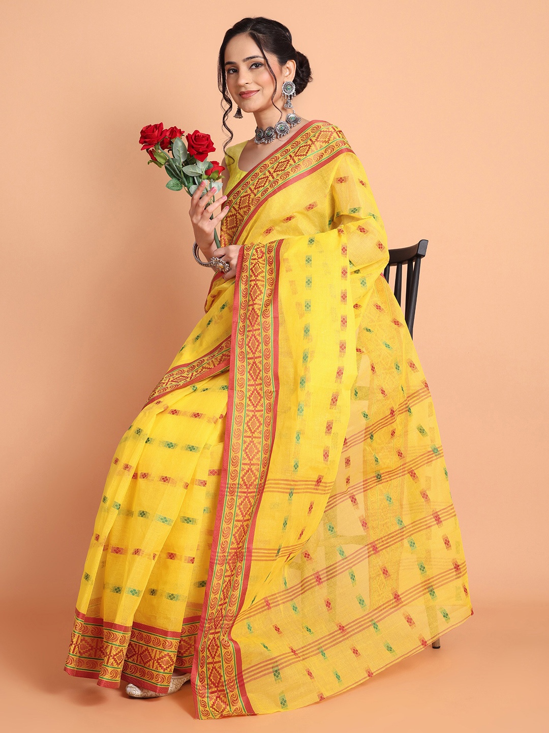 

TANTLOOM Woven Design Zari Pure Cotton Handloom Saree, Yellow