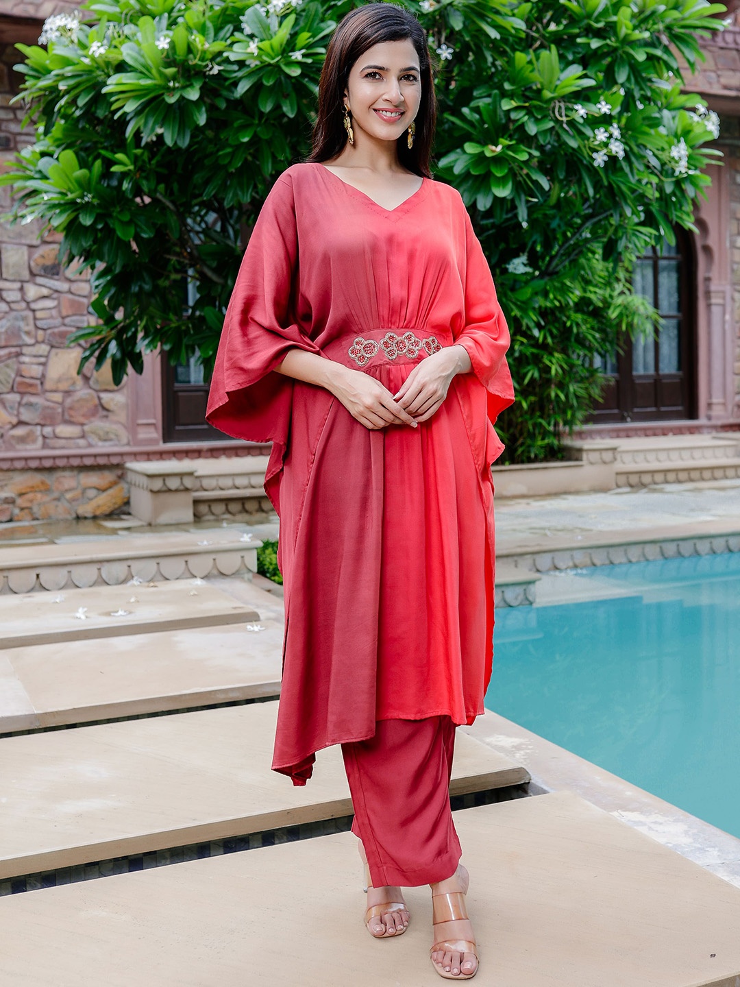 

Lirose Ombre Printed Pleated Beads & Stones Satin Kaftan Kurta With Trousers, Red