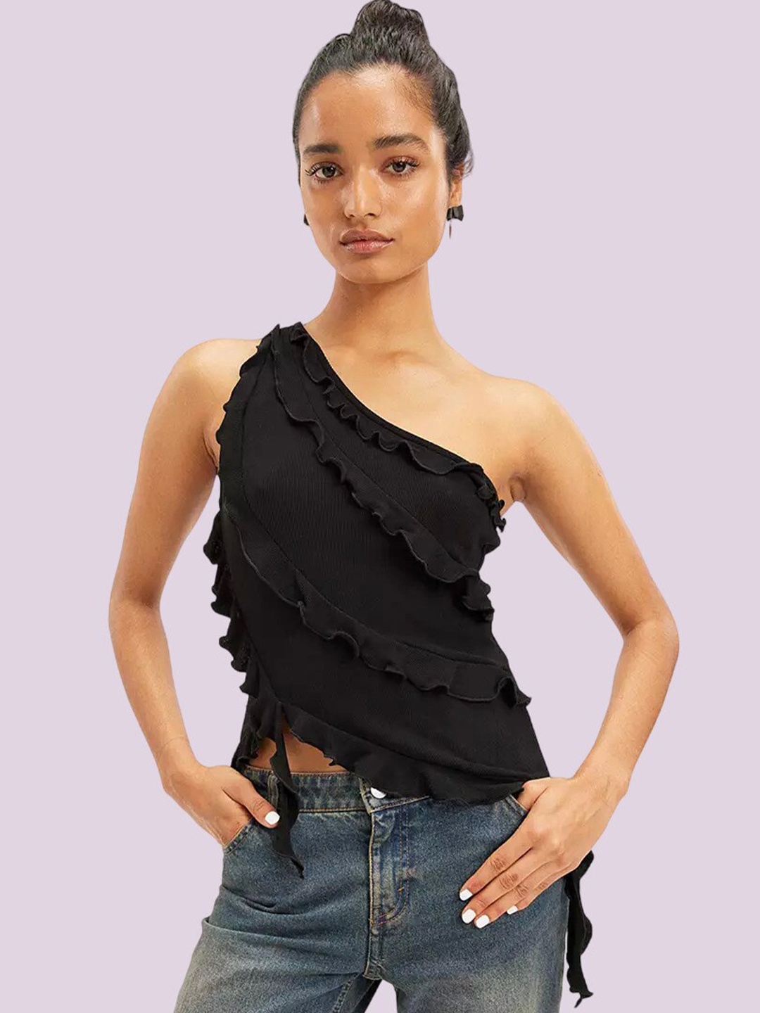 

Dracht One Shoulder Sleeveless Ruffles Regular Top, Black