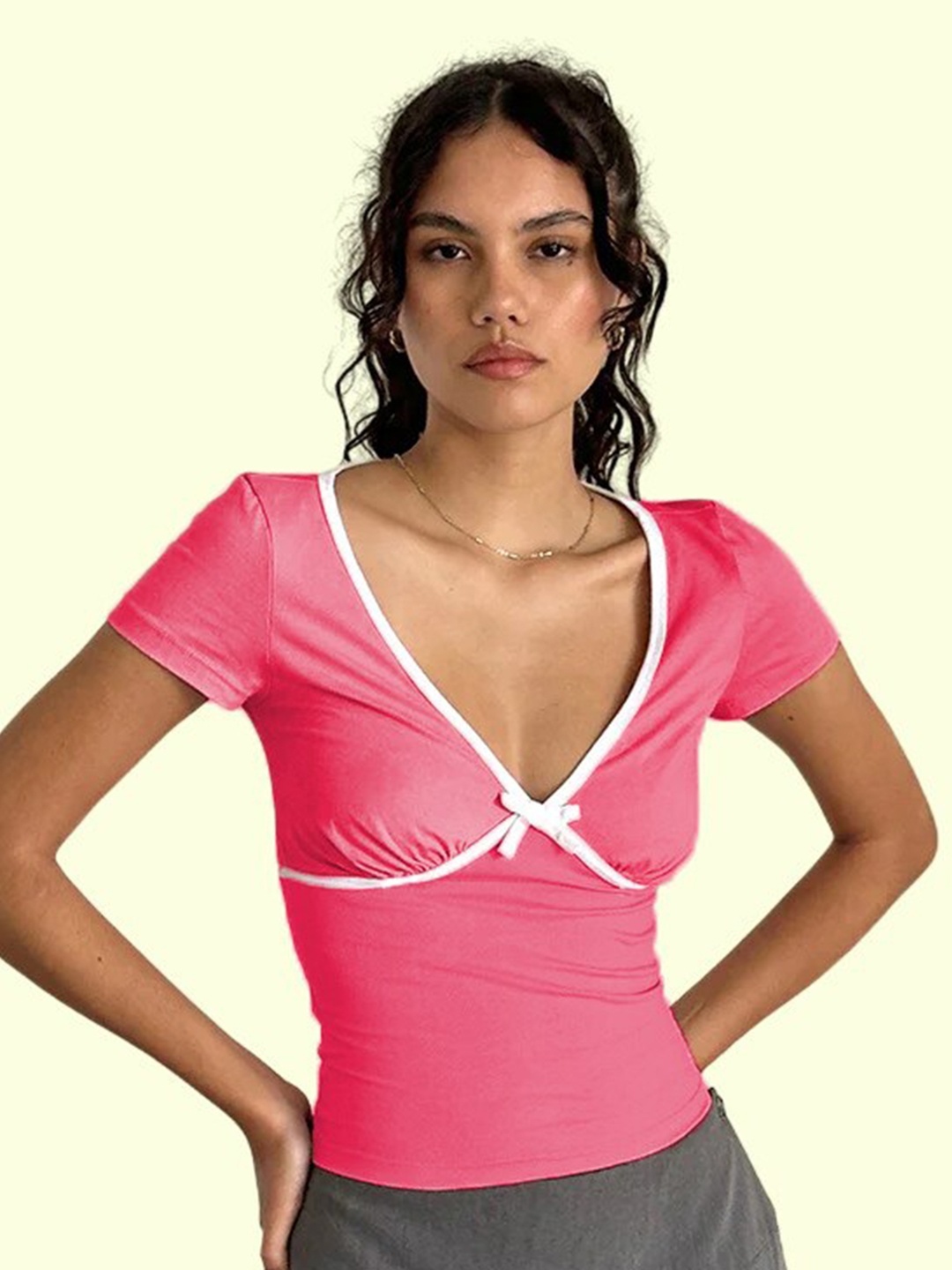 

Dracht V-neck short sleeves Solid Regular Top, Pink