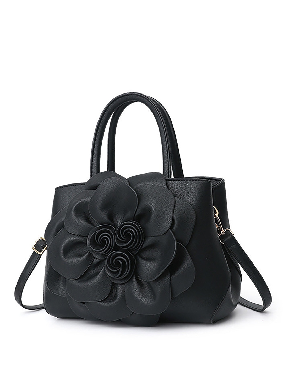 

SYGA Leather Shopper Handheld Bag with Aplique, Black