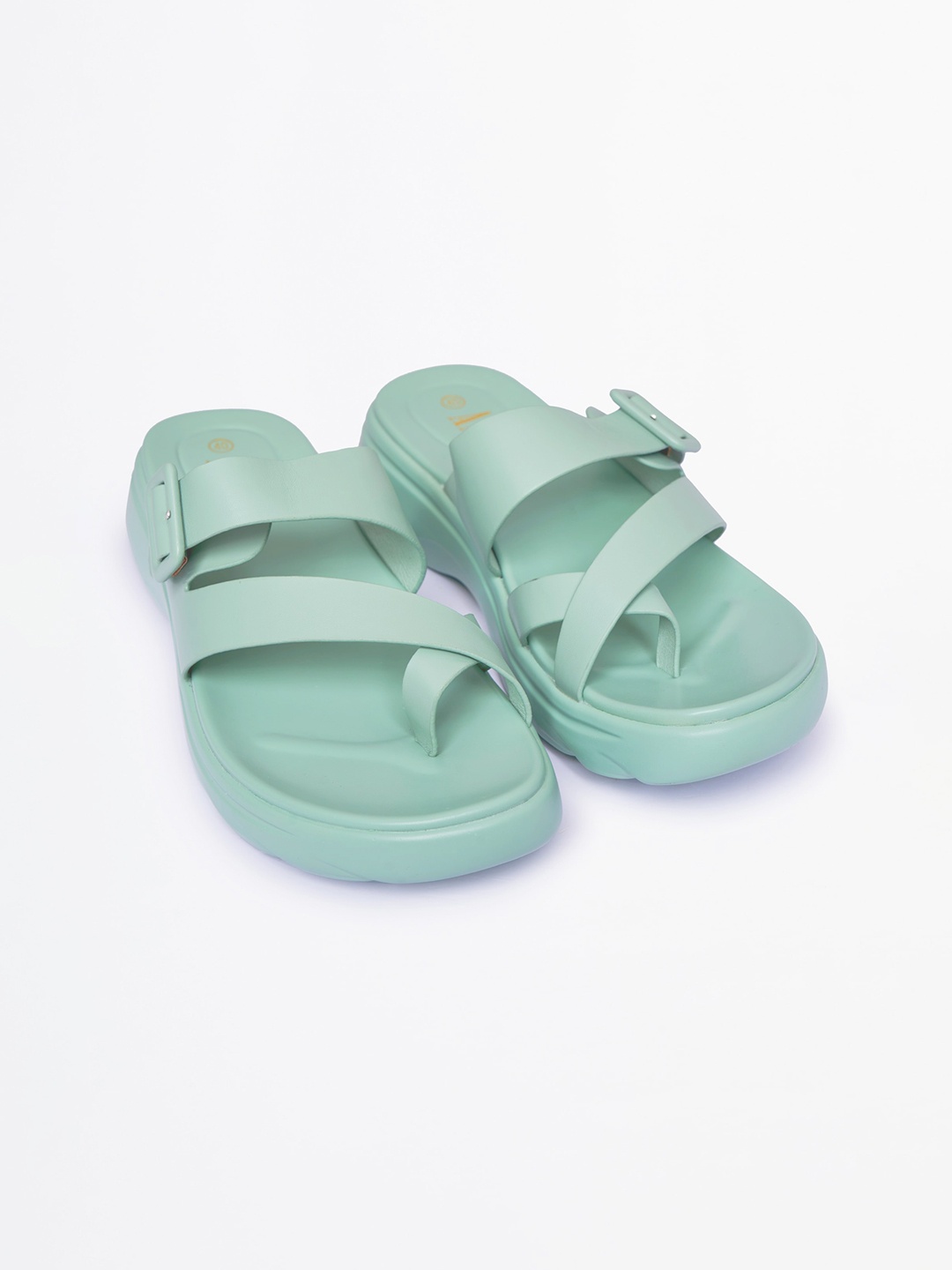 

AND Buckle Detailed Open Toe Flats, Green