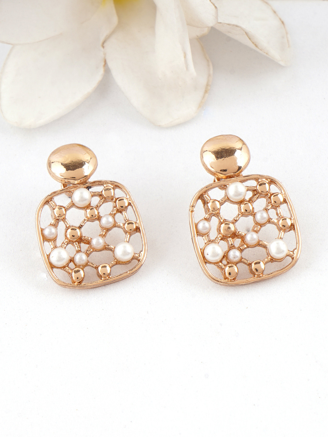 

Adwitiya Collection Gold-Plated Pearl Beaded Brass Classic Drop Earrings