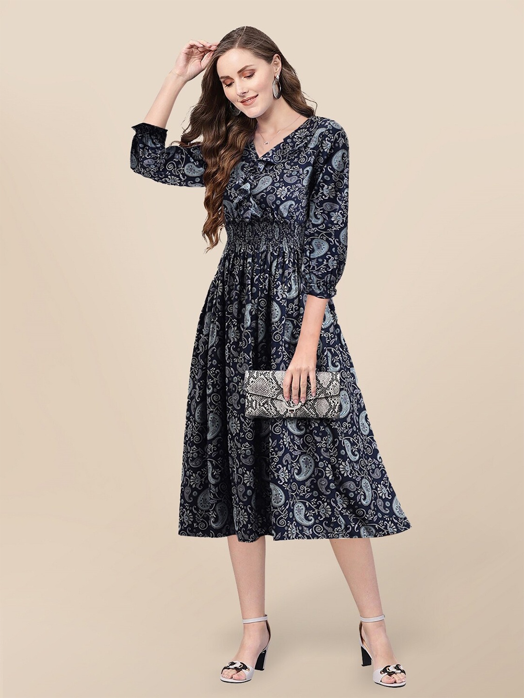 

KERI PERRY Floral Printed V Neck Fit & Flare Midi Dress, Navy blue