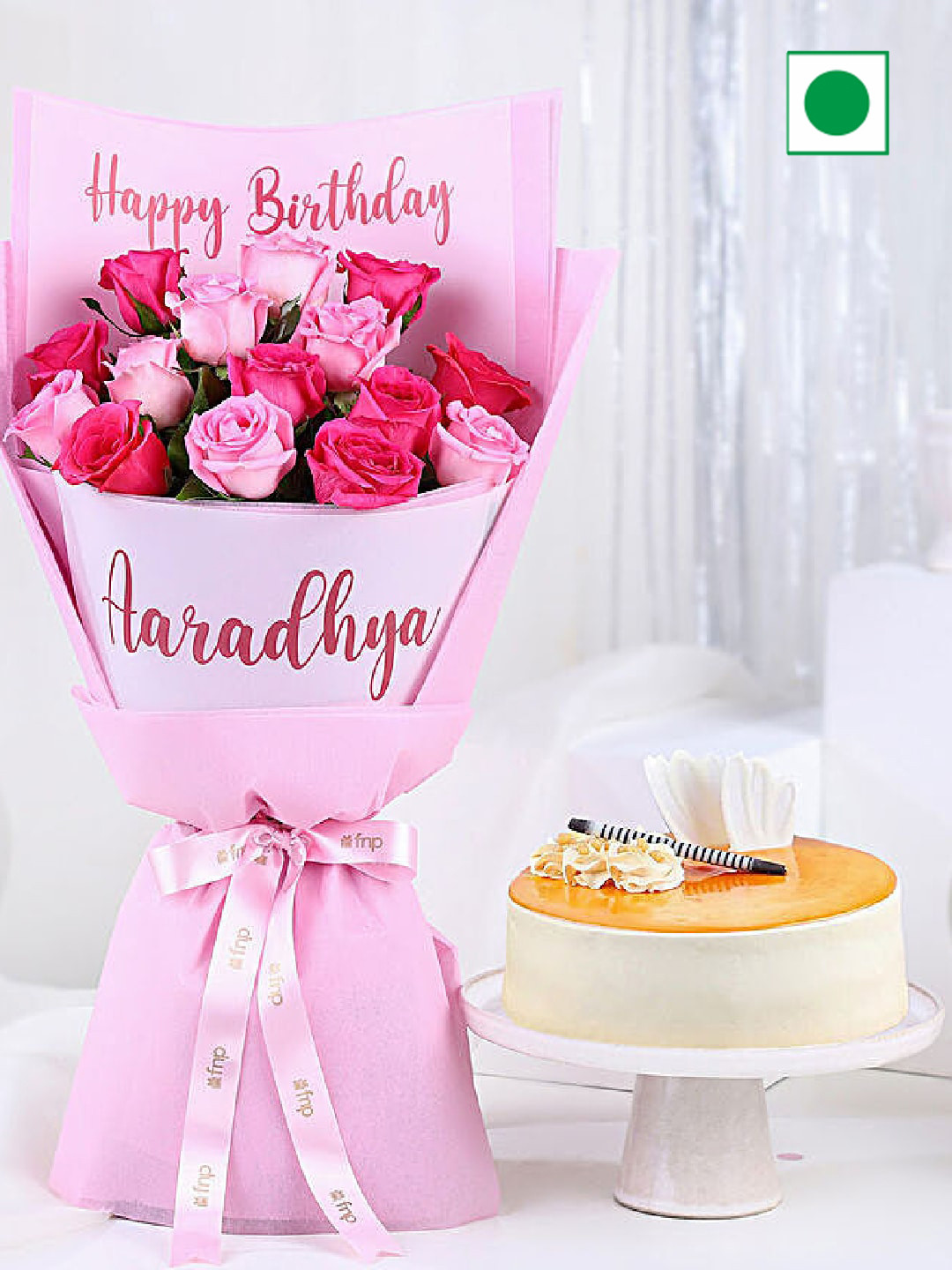 

fnp 15-Pcs Fresh Pink Roses Bouquet with Fresh Delicious Blue Butter Scotch Cake- 2Kg