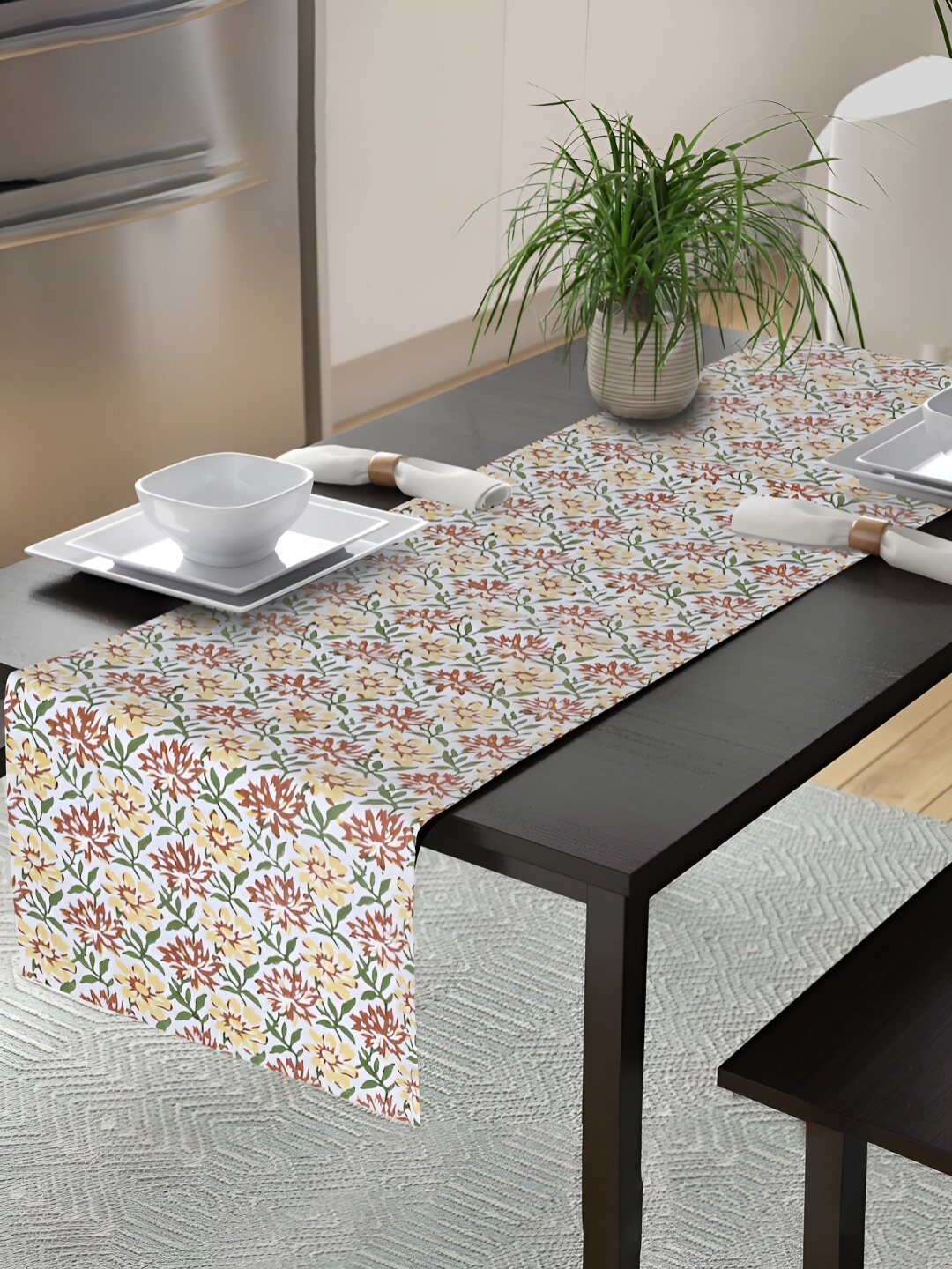 

Ratan Cart White & Yellow Floral Printed Pure Cotton Table Runner