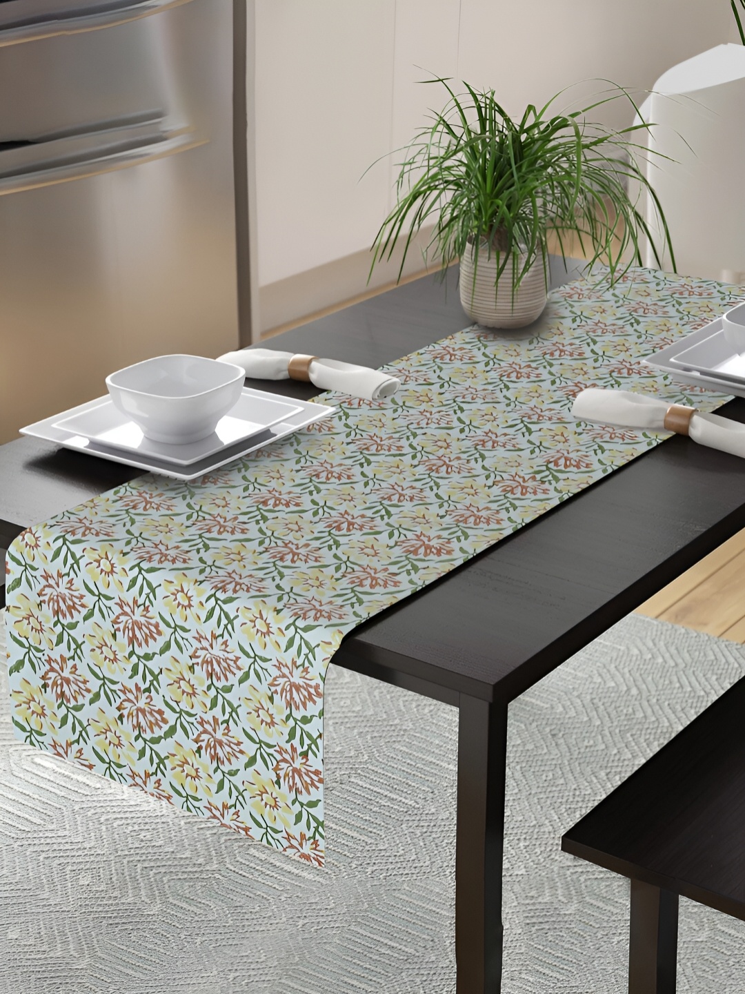 

Ratan Cart Green & Yellow Floral Printed Pure Cotton Table Runner