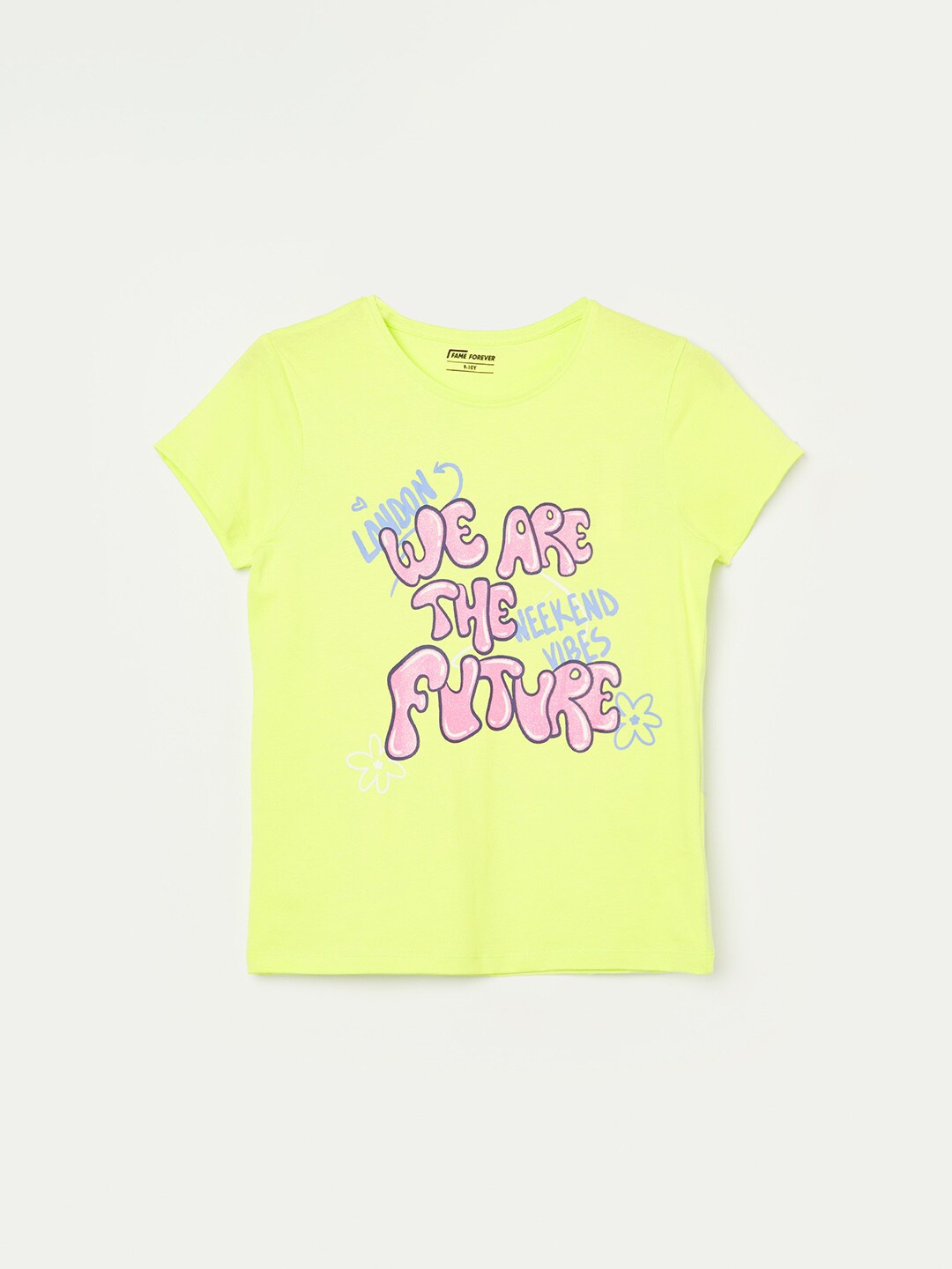 Fame Forever by Lifestyle Girls Typography Printed Round Neck Cotton T-shirt, Yellow