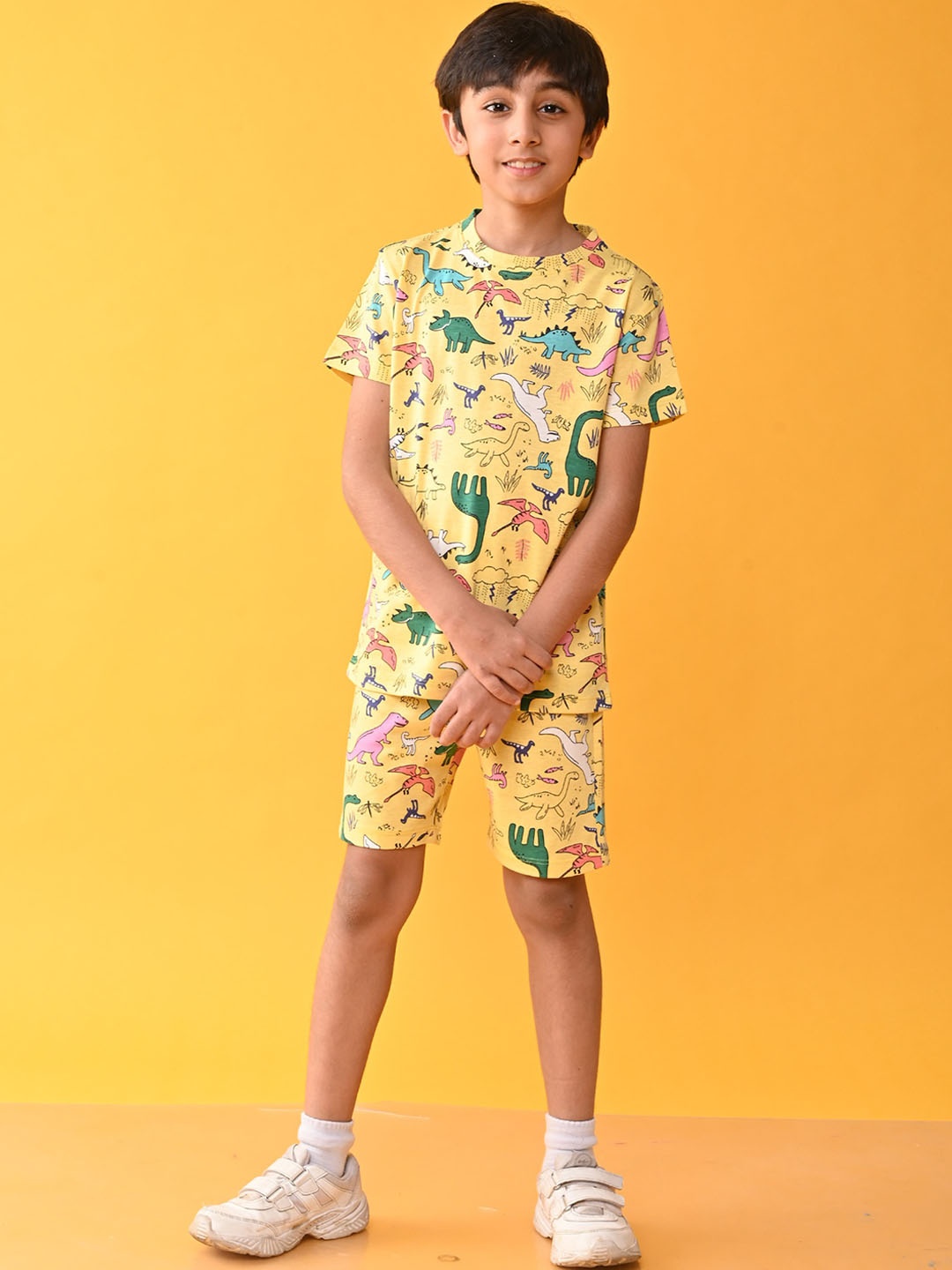 

Anthrilo Boys Graphic Printed Round Neck Short Sleeves T-shirt with Shorts, Yellow