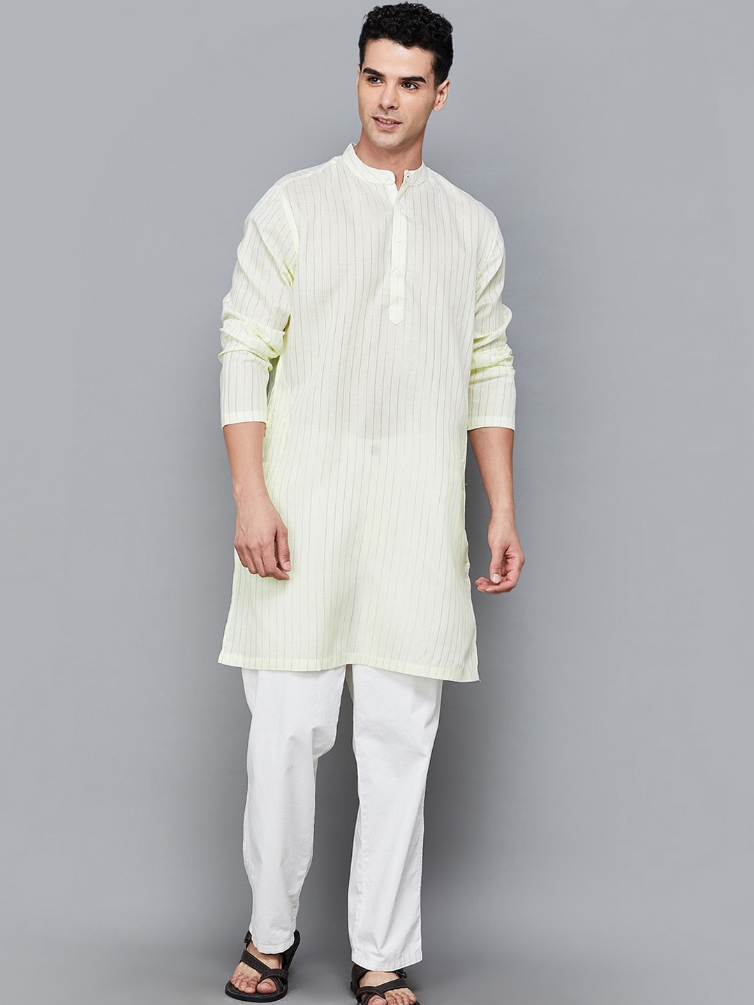 

Melange by Lifestyle Striped Mandarin Collar Straight Kurta, White
