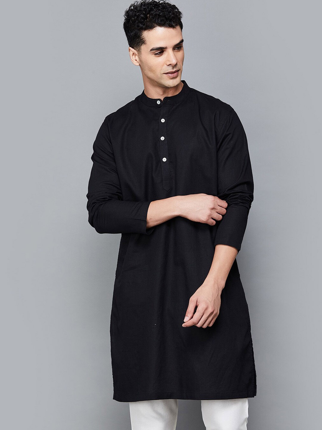 

Melange by Lifestyle Mandarin Collar Cotton Straight Kurta, Black