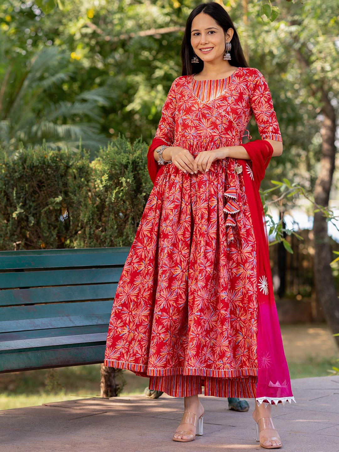 

GAYRAA Ethnic Motifs Printed Angrakha Pure Cotton Kurta with Palazzos & Dupatta, Red