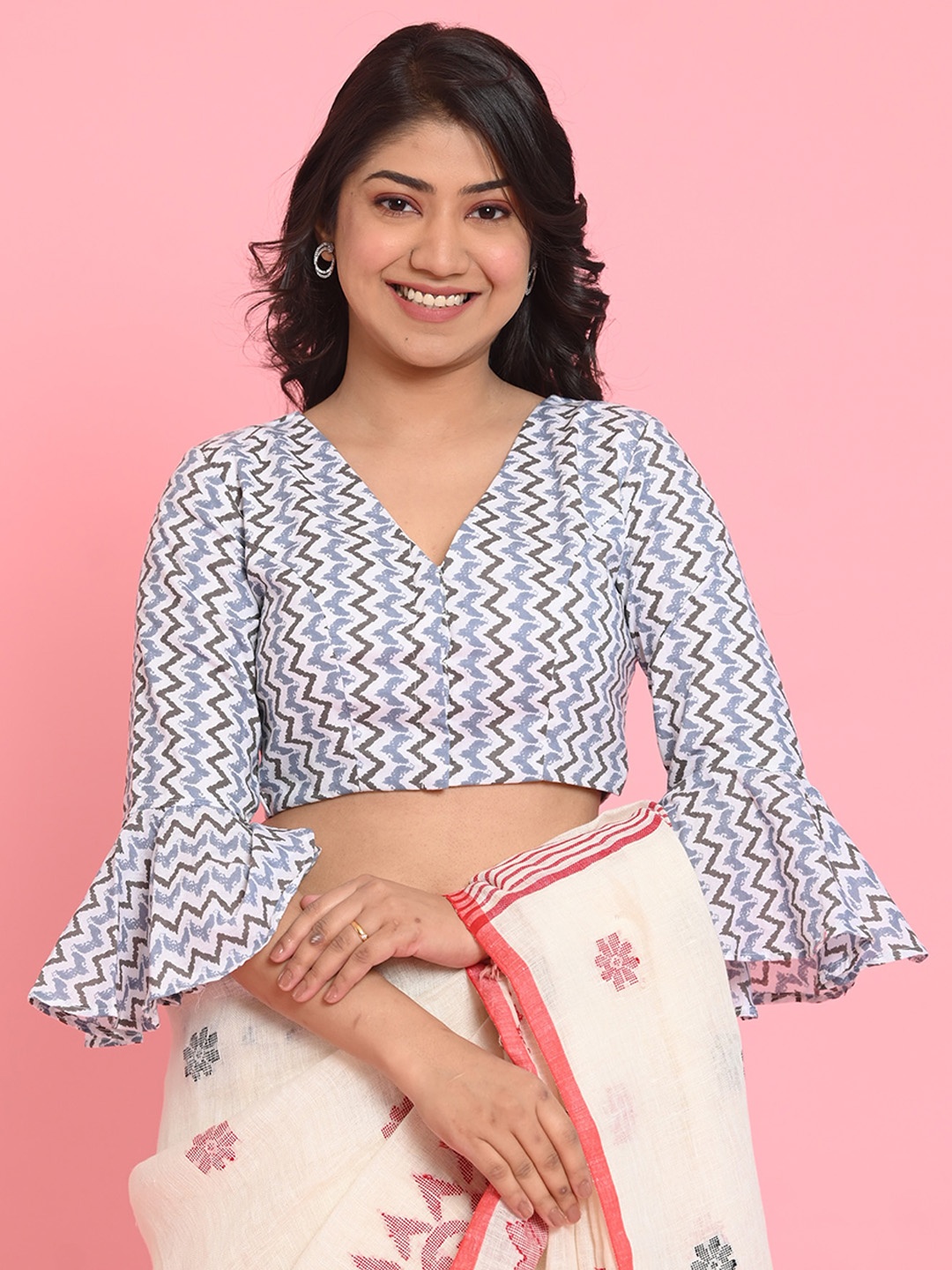 

BEATITUDE Printed V-Neck Cotton Saree Blouse, Grey