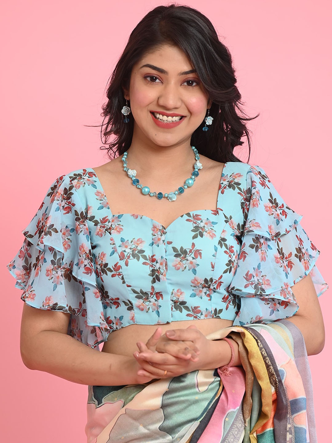 

BEATITUDE Floral Printed Sweetheart Neck Georgette Saree Blouse, Blue