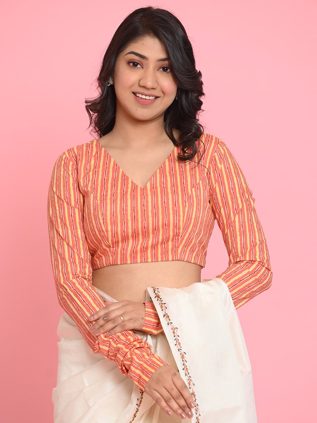 

BEATITUDE Printed Cotton Saree Blouse, Orange