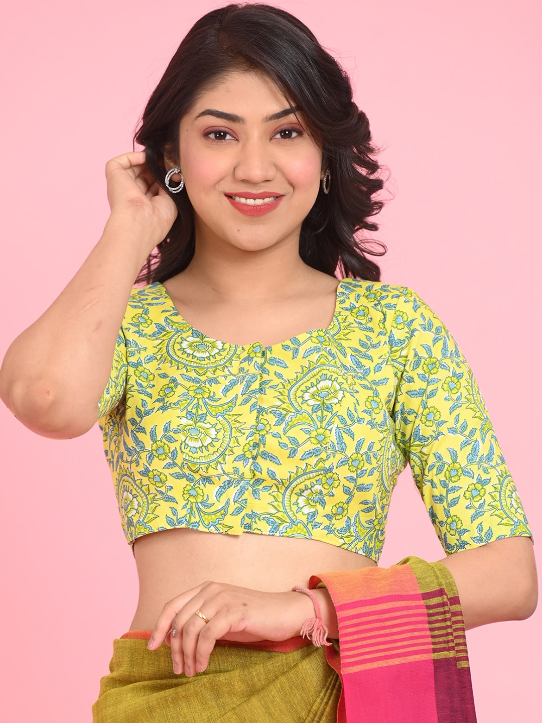 

BEATITUDE Printed Cotton Saree Blouse, Green
