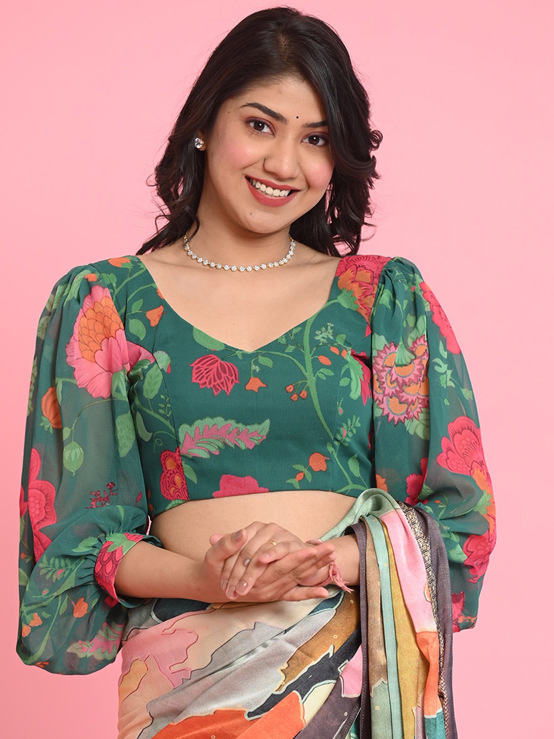

BEATITUDE Floral Printed Puff Sleeved Georgette Saree Blouse, Green