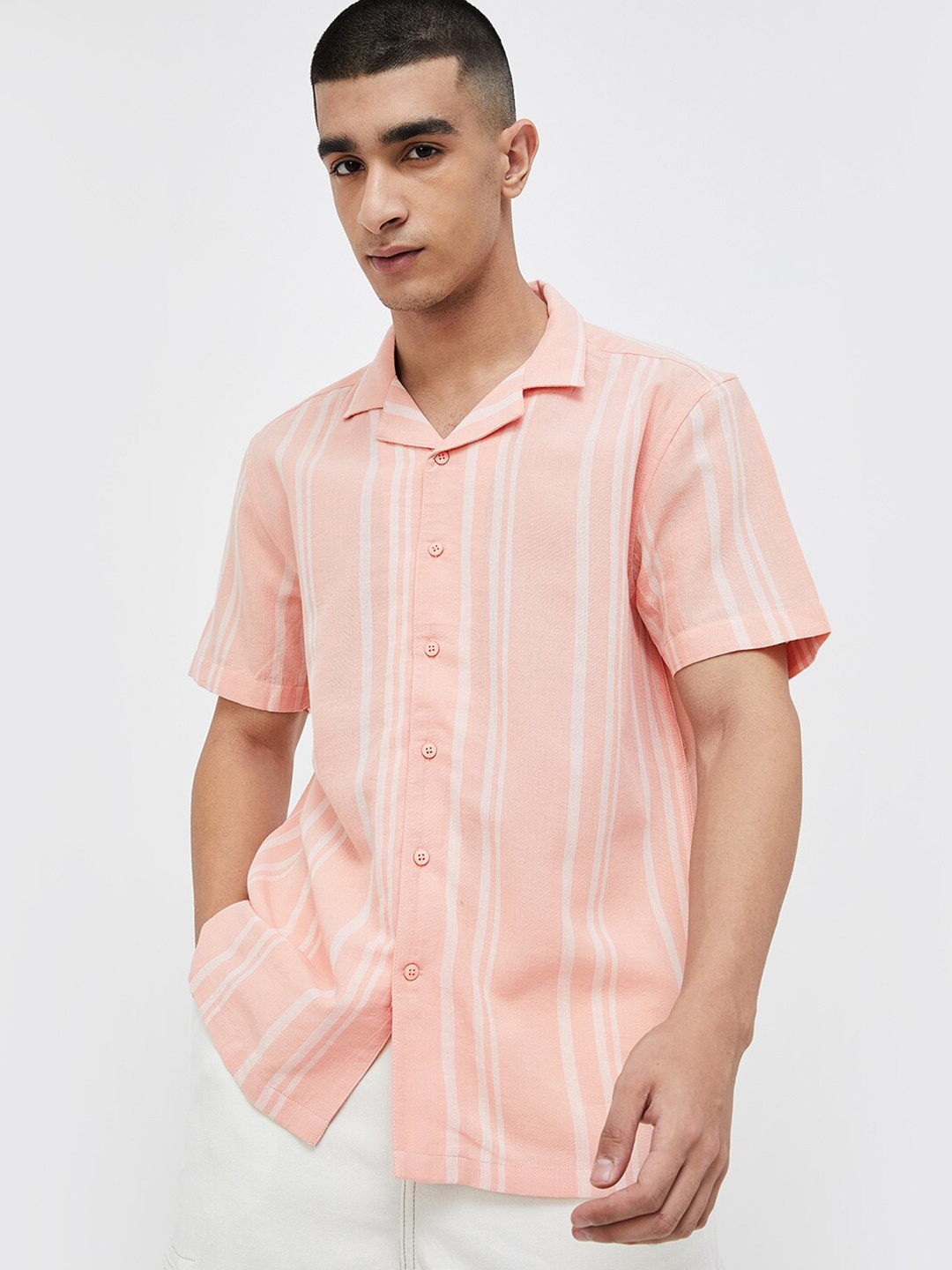 

Forca by Lifestyle Vertical Striped Cuban Collar Regular Fit Cotton Casual Shirt, Peach