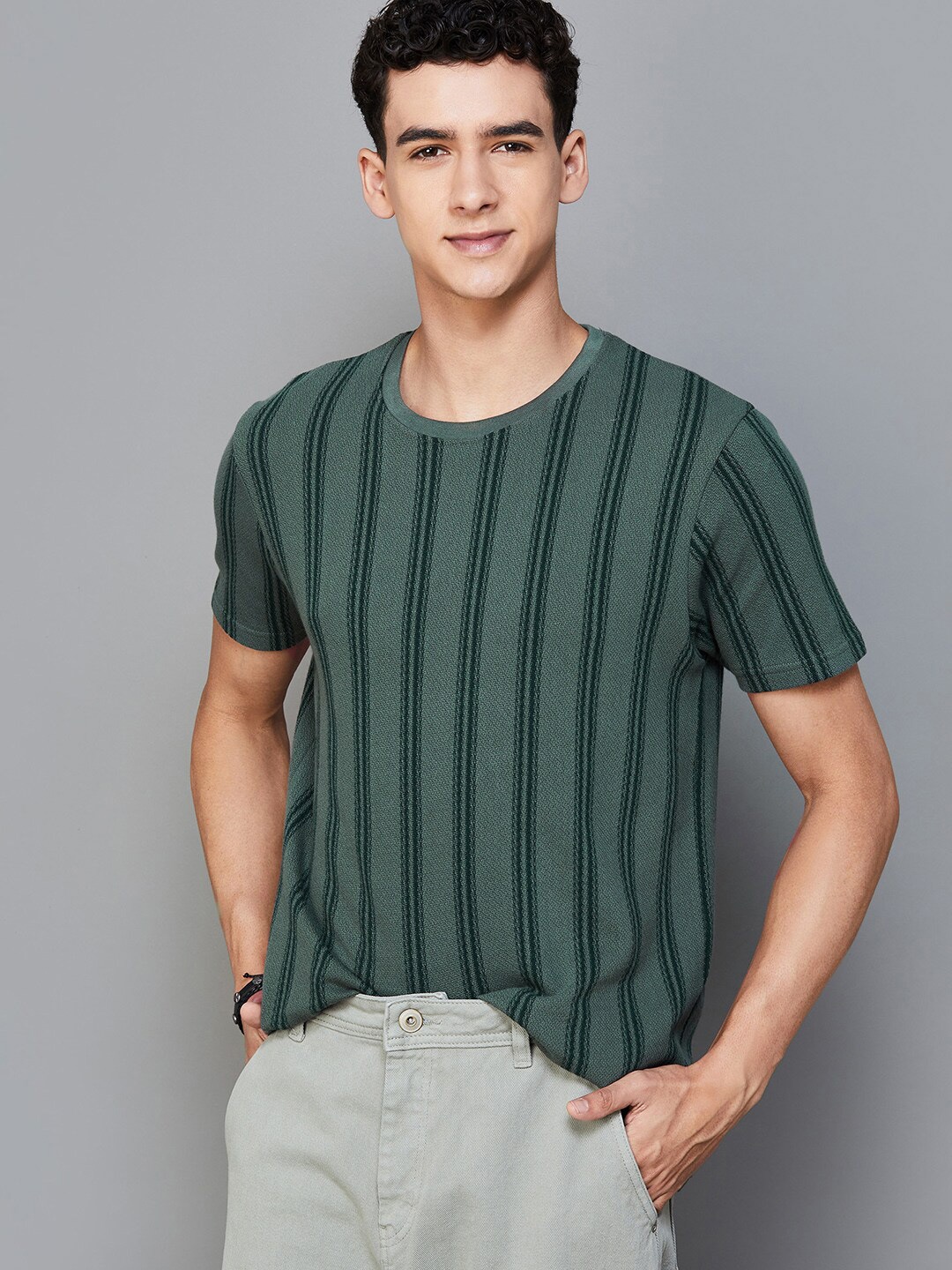

Fame Forever by Lifestyle Striped Cotton Slim Fit T-shirt, Olive