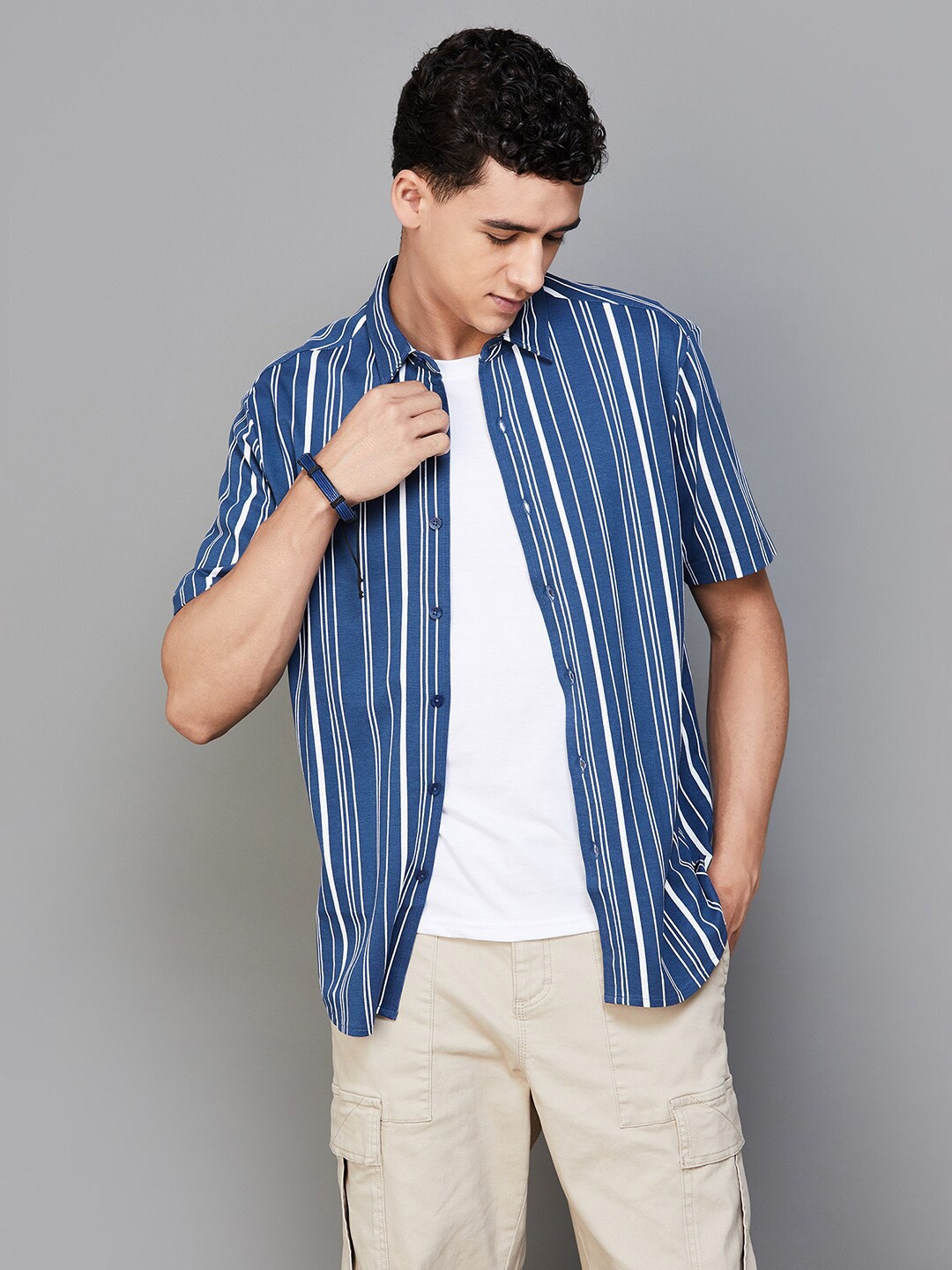 

Fame Forever by Lifestyle Vertical Striped Spread Collar Regular Fit Casual Shirt, Blue