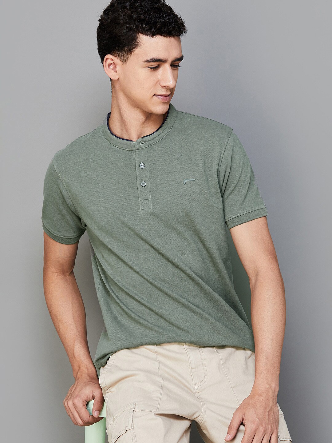 

Fame Forever by Lifestyle Henley Neck Pure Cotton T-shirt, Olive