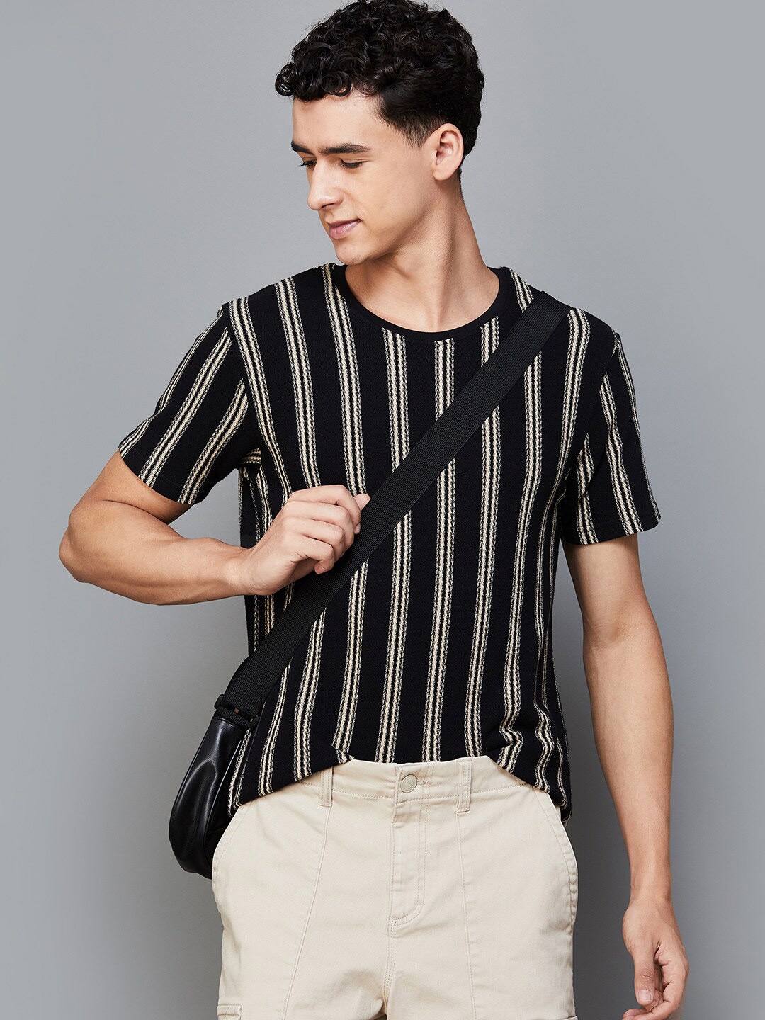 

Fame Forever by Lifestyle Striped Cotton Slim Fit T-shirt, Black