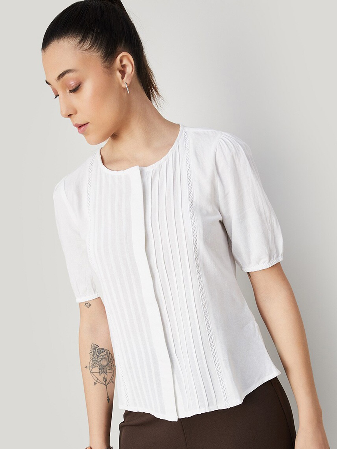 

CODE by Lifestyle Round Neck Puff Sleeves Regular Top, Off white