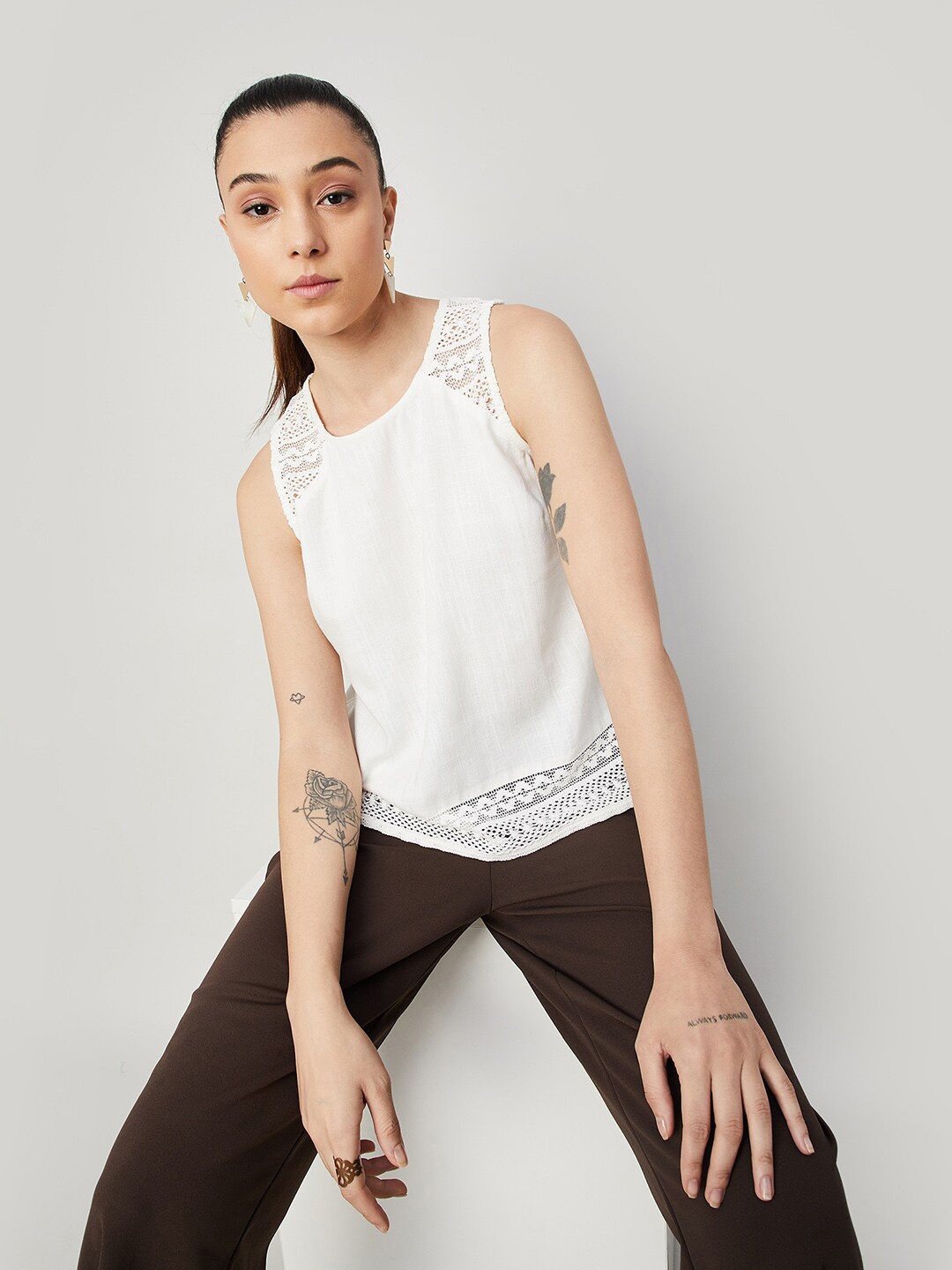 

CODE by Lifestyle Self Design Round Neck Top, Off white