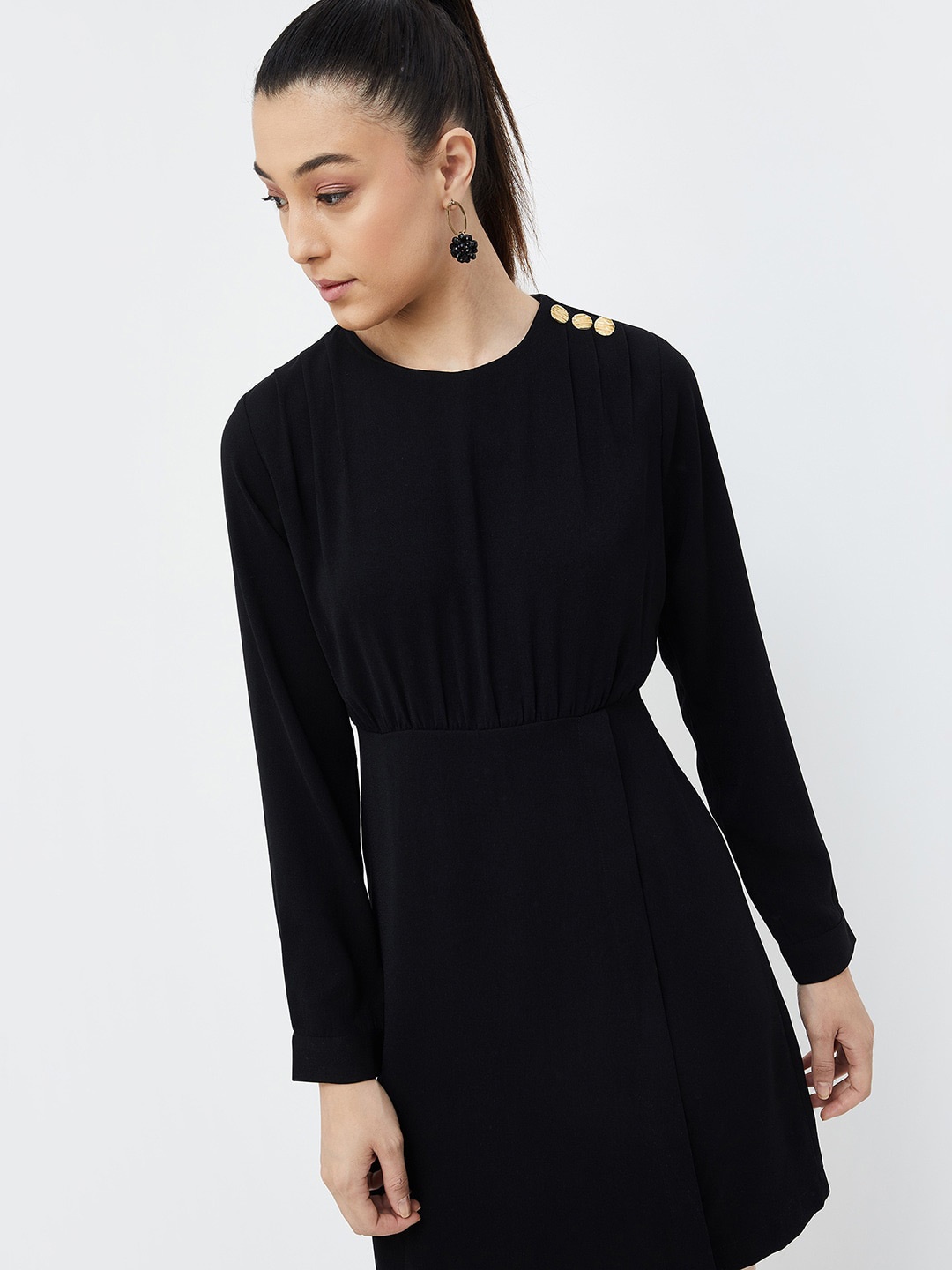 

CODE by Lifestyle Round Neck Long Sleeves Fit & Flare Dress, Black