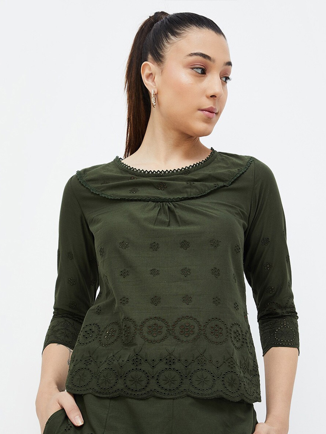 

CODE by Lifestyle Round Neck Lace Inserts Schiffli Pure Cotton Top, Olive