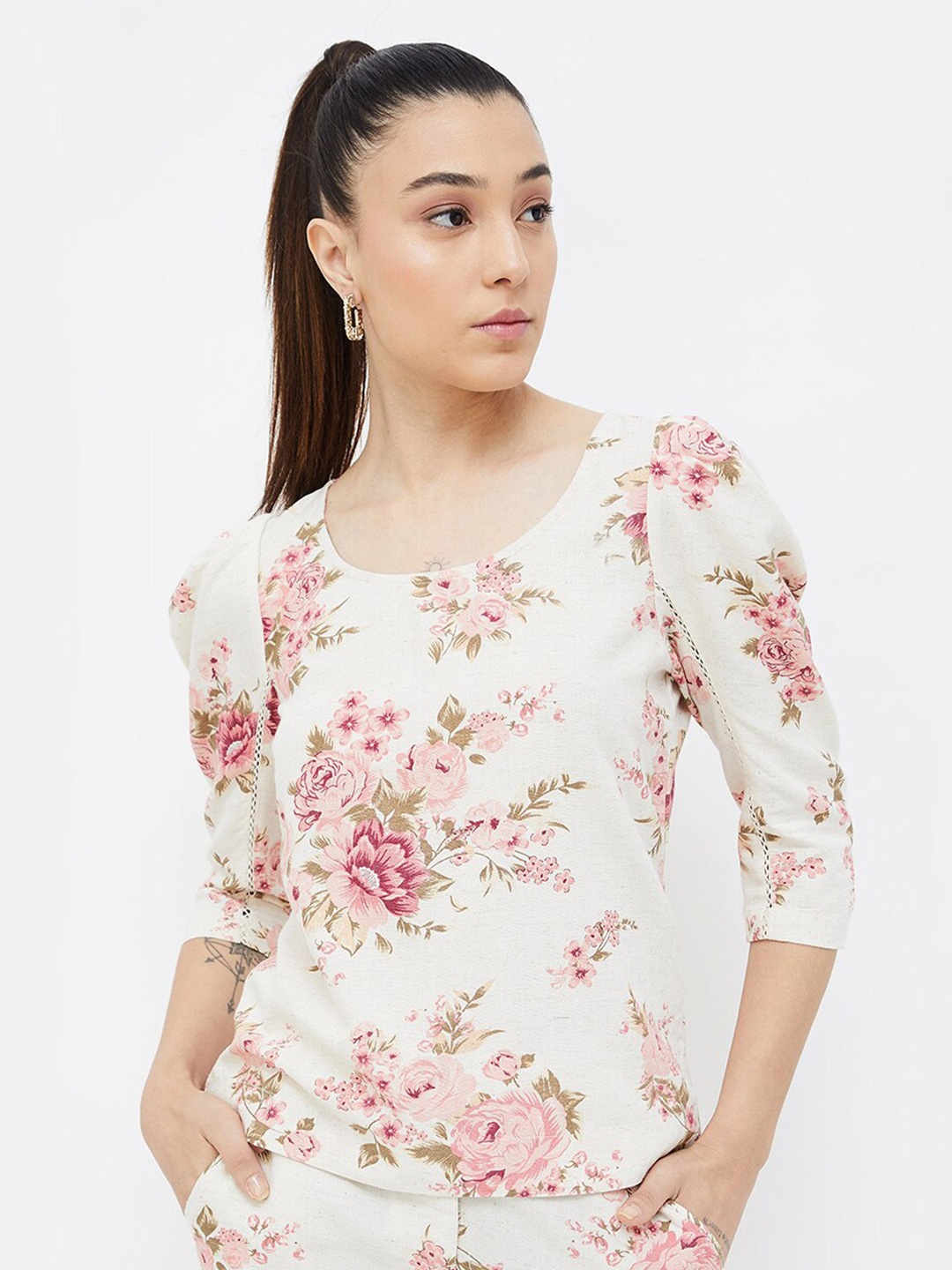 

CODE by Lifestyle Floral Printed Puff Sleeves Lace-Insert Top, Beige