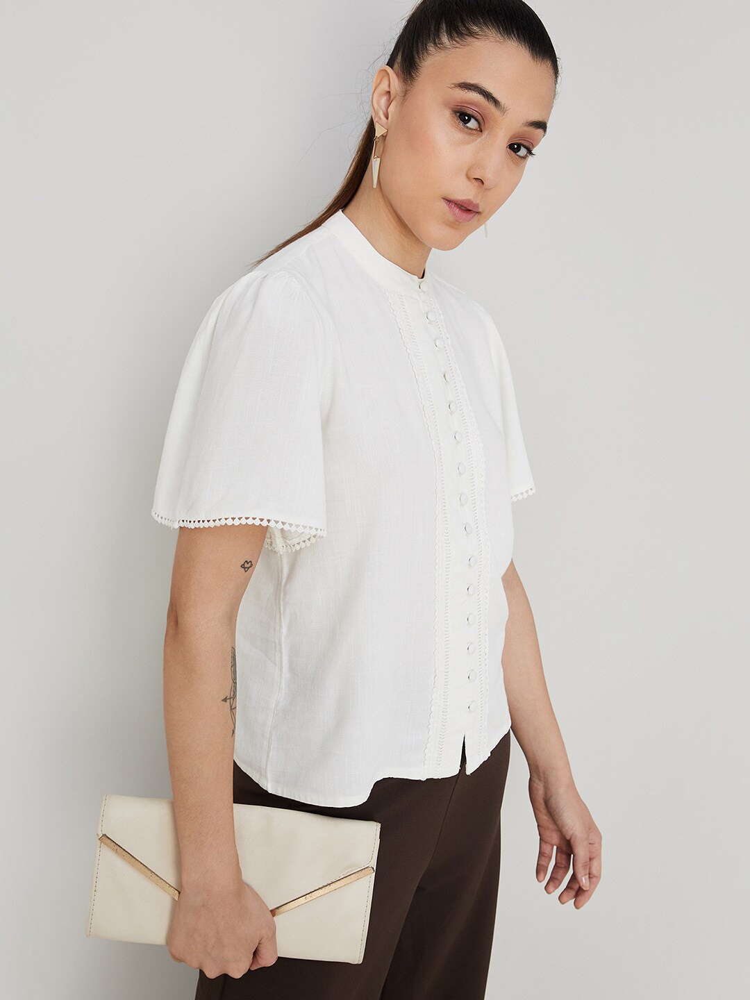 

CODE by Lifestyle Mandarin Collar Flared Sleeve Shirt Style Top, Off white