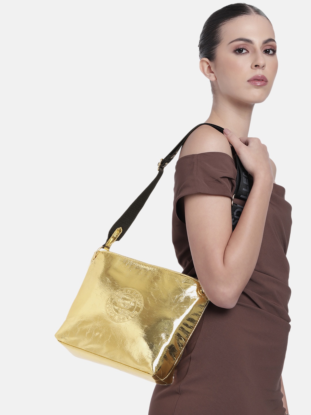 

Allen Solly Brand Logo Printed Sling Bag, Gold