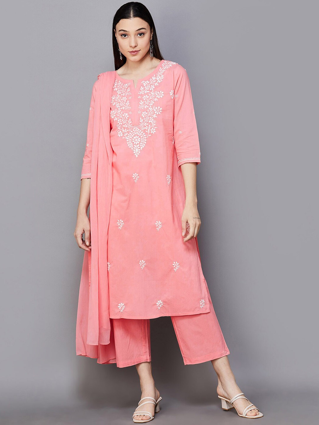 

Melange by Lifestyle Ethnic Motifs Embroidered Pure Cotton Kurta With Palazzos & Dupatta, Peach