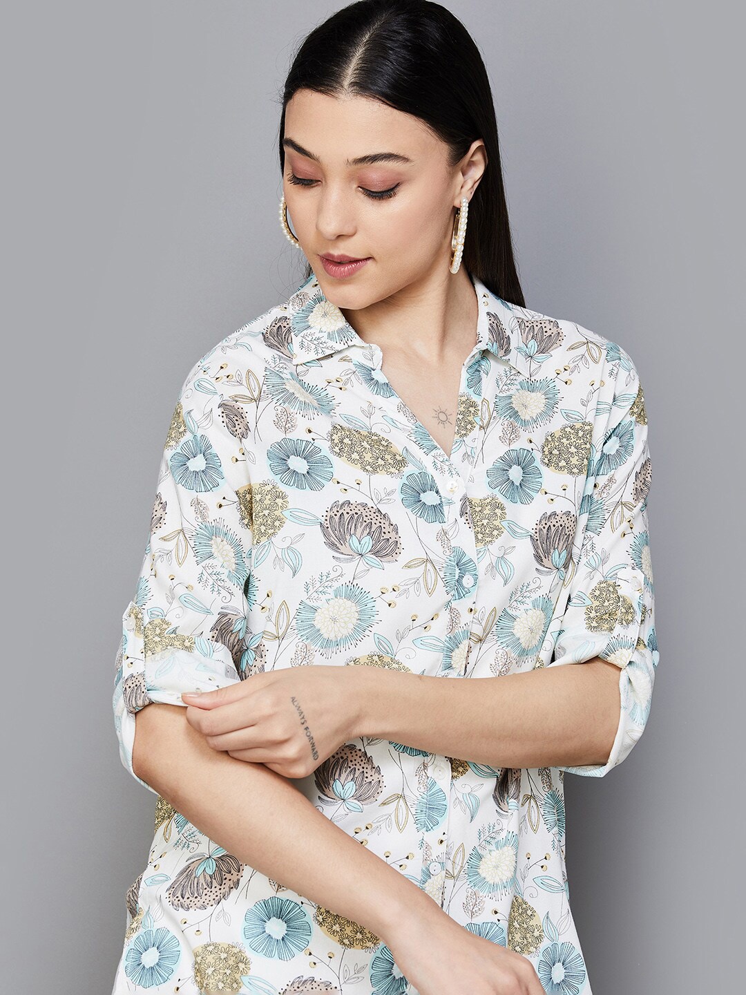 

Melange by Lifestyle Floral Printed Shirt Collar Regular Straight Kurti, White