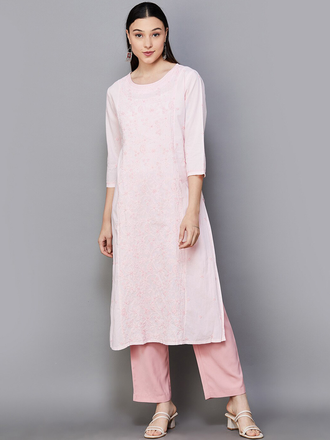 

Melange by Lifestyle Floral Embroidered Cotton Straight Chikankari Kurta, Pink