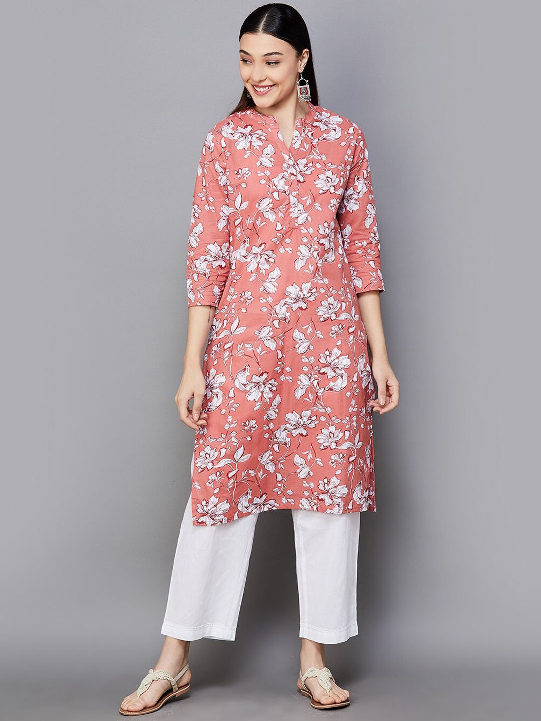 

Melange by Lifestyle Floral Printed Mandarin Collar Cotton Straight Kurta, Coral