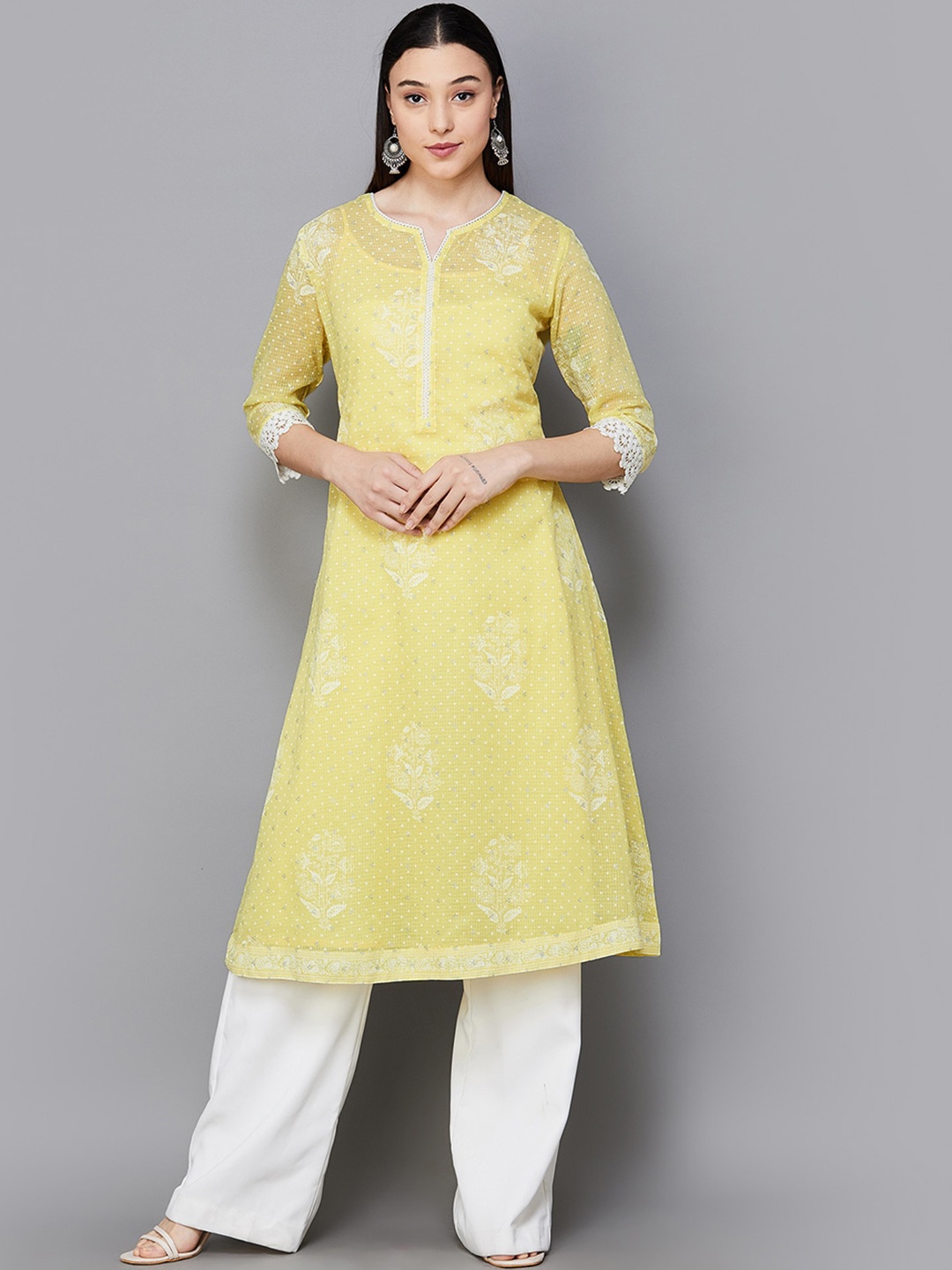 

Melange by Lifestyle Floral Printed Gotta Patti Straight Kurta, Yellow