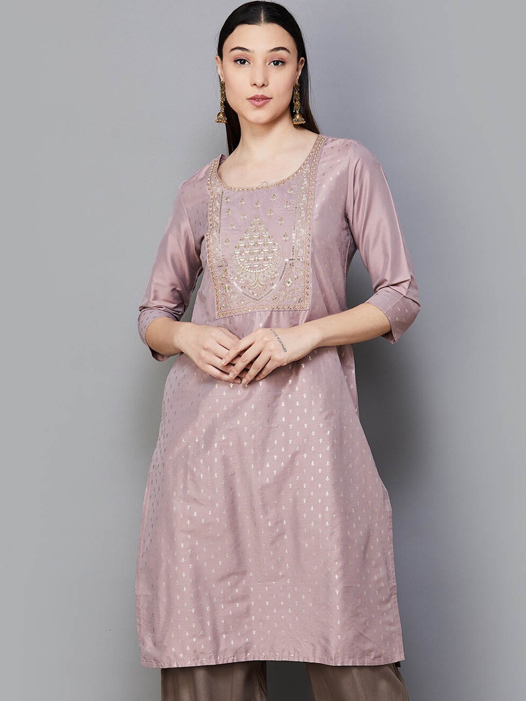 Melange by Lifestyle Ethnic Motifs Printed Straight Kurta, Mauve