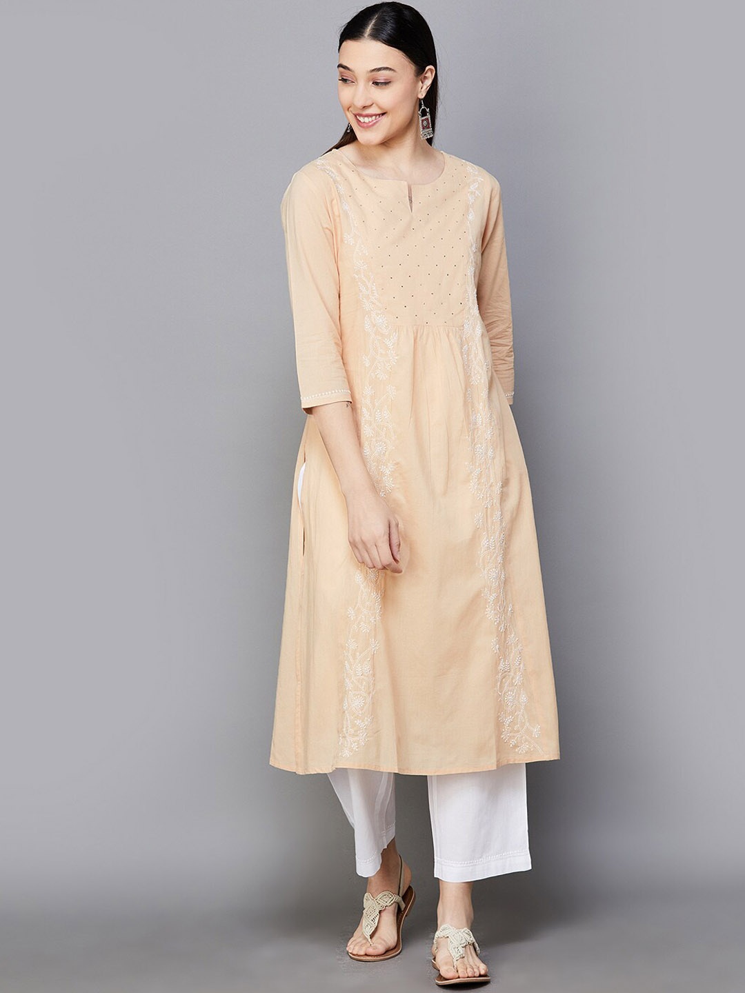 

Melange by Lifestyle Floral Embroidered Straight Kurta, Beige