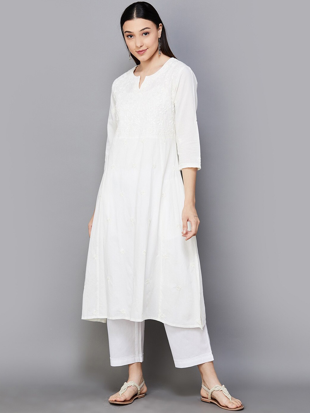 

Melange by Lifestyle White Floral Embroidered Chikankari Anarkali Kurta