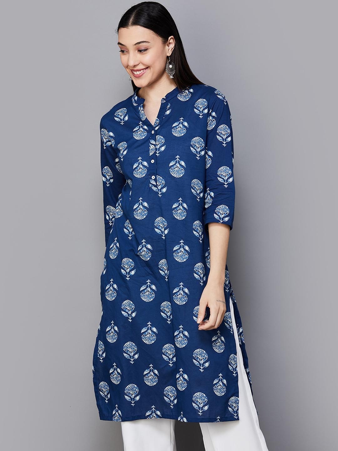 

Melange by Lifestyle Blue Floral Printed Cotton Anarkali Kurta