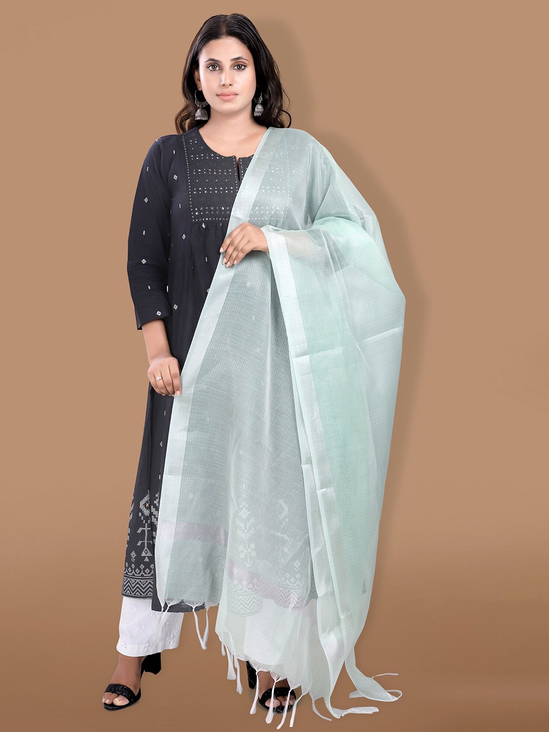 

SALWAR STUDIO Checked Cotton Dupatta with Zari, Green