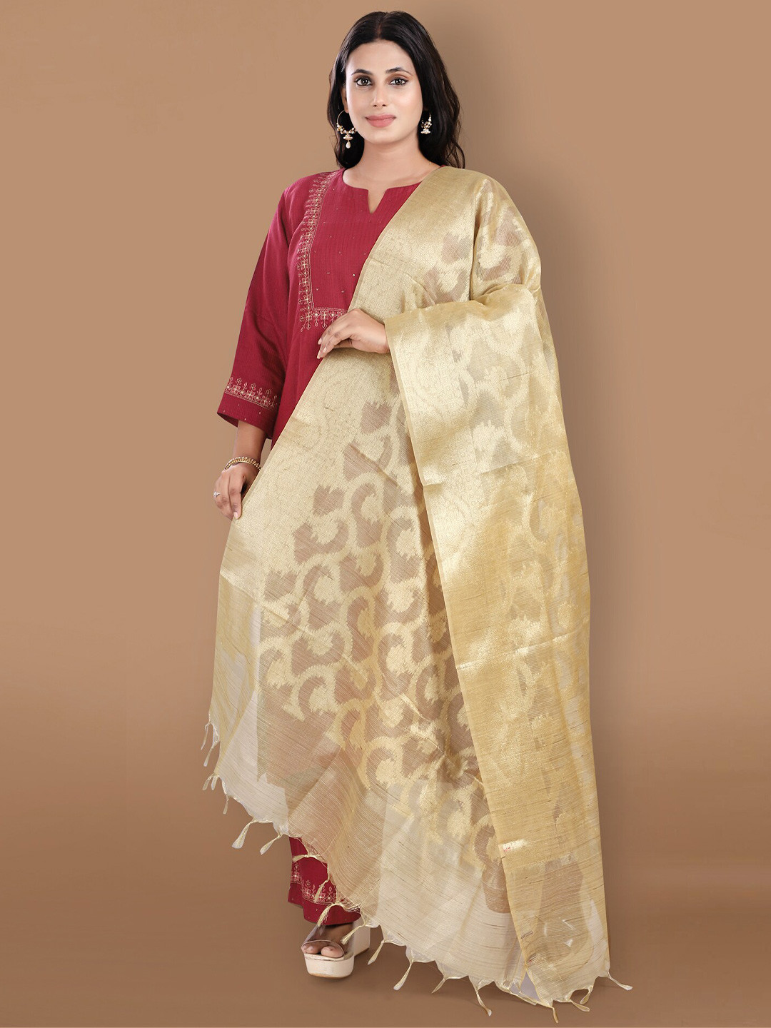 

SALWAR STUDIO Ethnic Motifs Woven Design Dupatta with Zari, Gold