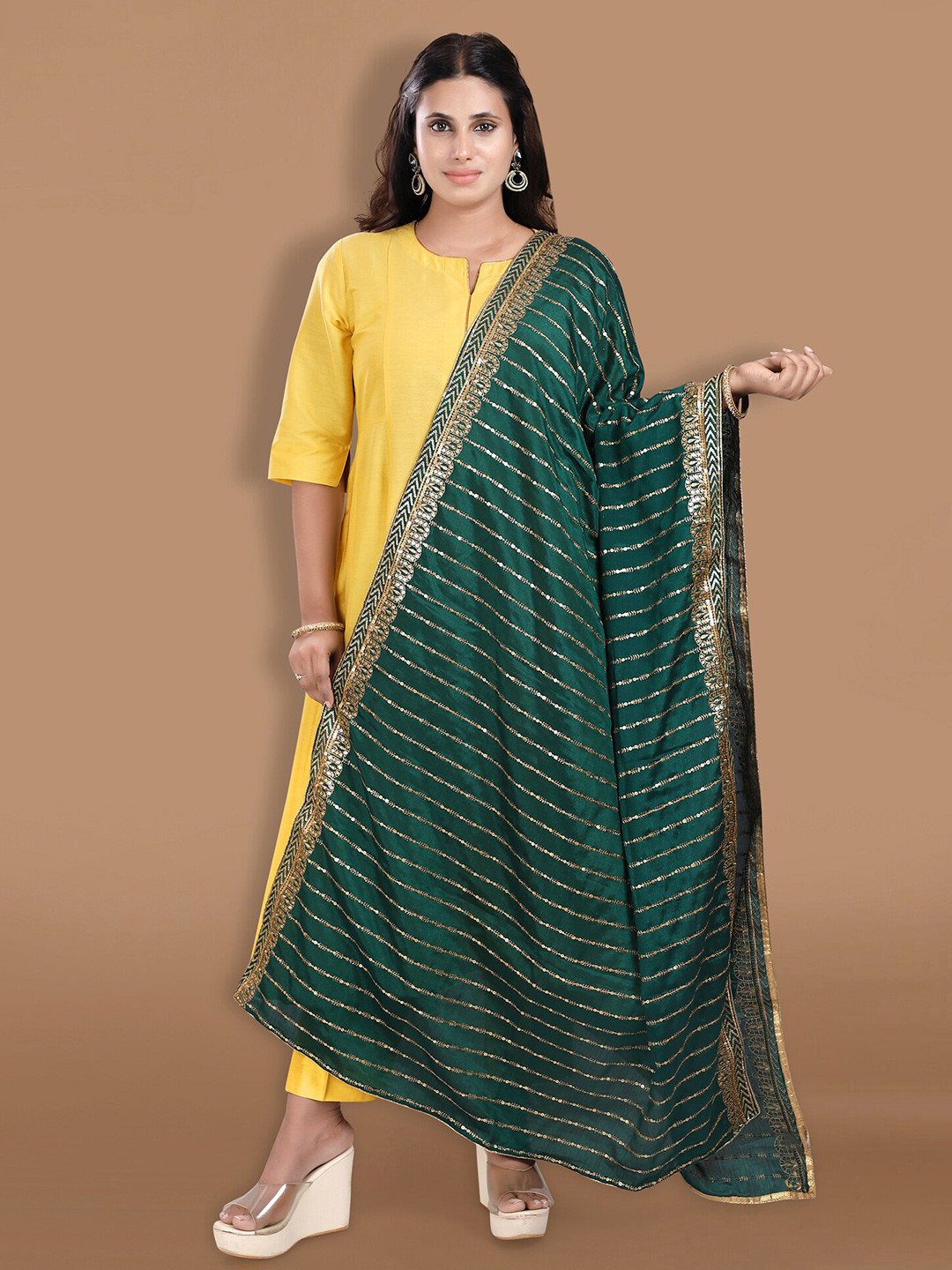 

SALWAR STUDIO Striped Embroidered Sequinned Georgette Dupatta, Green