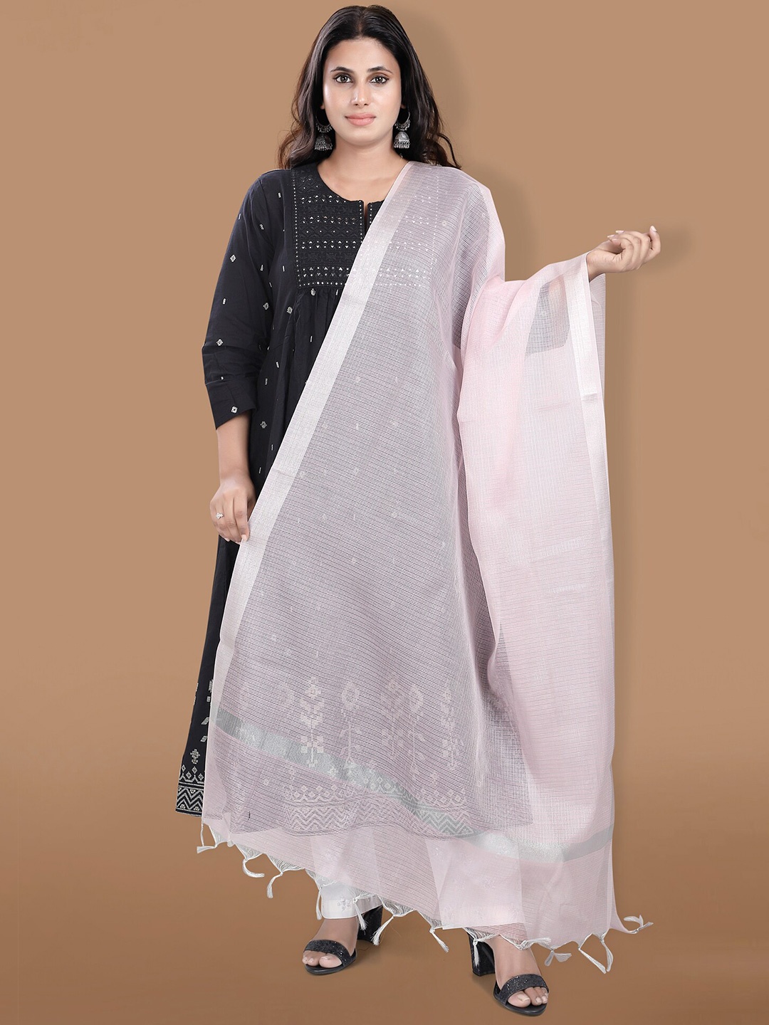 

SALWAR STUDIO Checked Dupatta with Zari, Pink